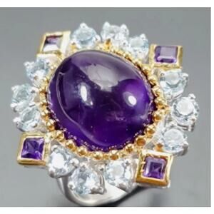 Amethyst & Aquamarine Starburst Ring | Sterling Silver with 14K Gold Accents |